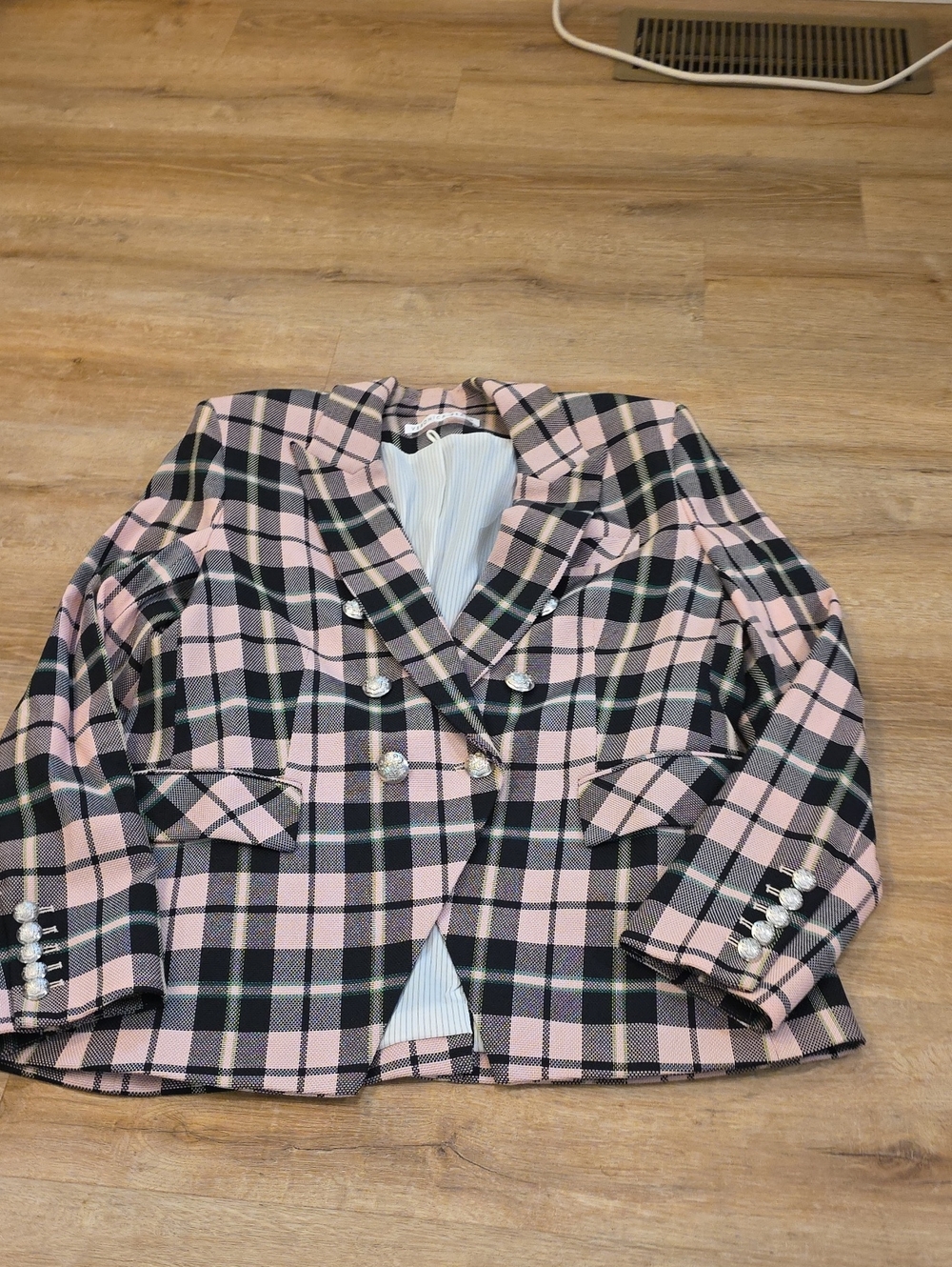 Veronica Beard Pink and Black Plaid Double-Breasted Dickey Blazer Sz 16